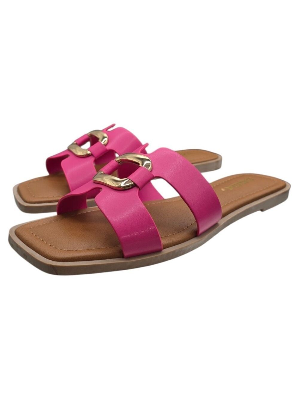NIB Soda FENG-S Fuchsia Slide Sandals Size 8.5 Gold Buckle Square Toe